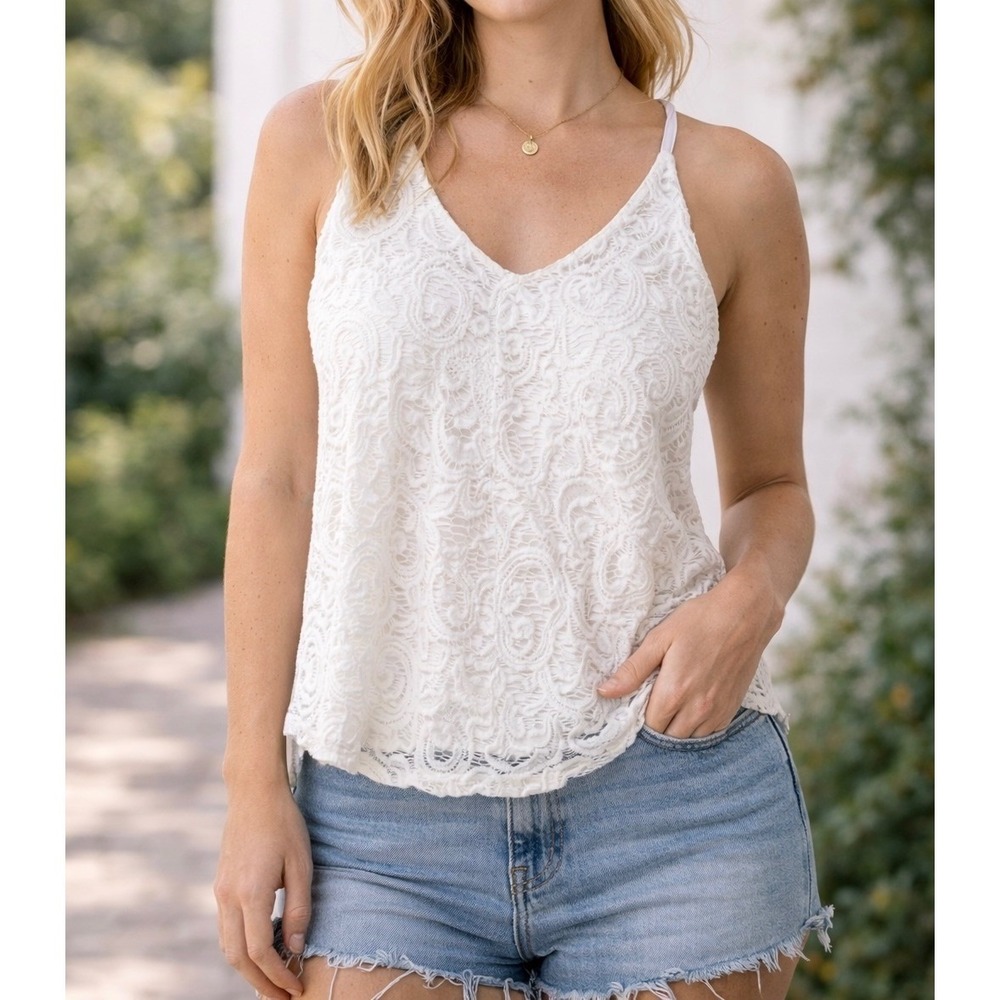 Love‎ J USA White Lace V-Neck Camisole Tank Top Sleeveless Blouse Small
